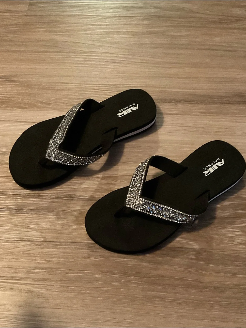 NWT Air Balance | Kids Black Flip Flop Sandals with Silver Crystal Straps